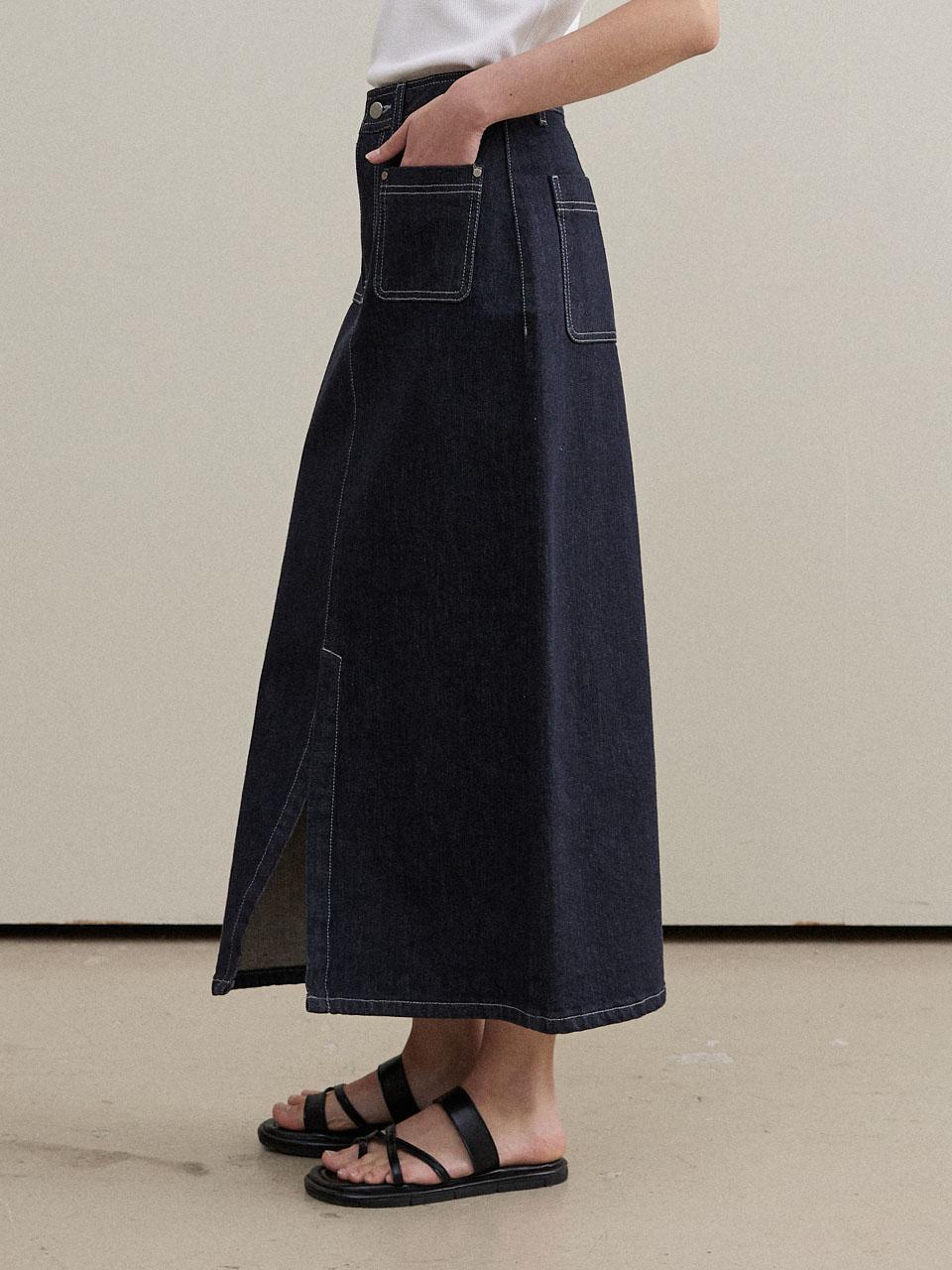 셀비 포켓 슬릿 데님 스커트_BLUE