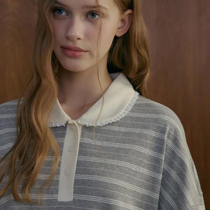 레이스카라 스트라이프 티셔츠-그레이