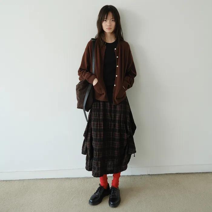 CHECK STRING TWO-WAY LONG SKIRT, BROWN