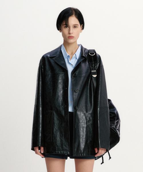 오버핏 레더 자켓 블랙