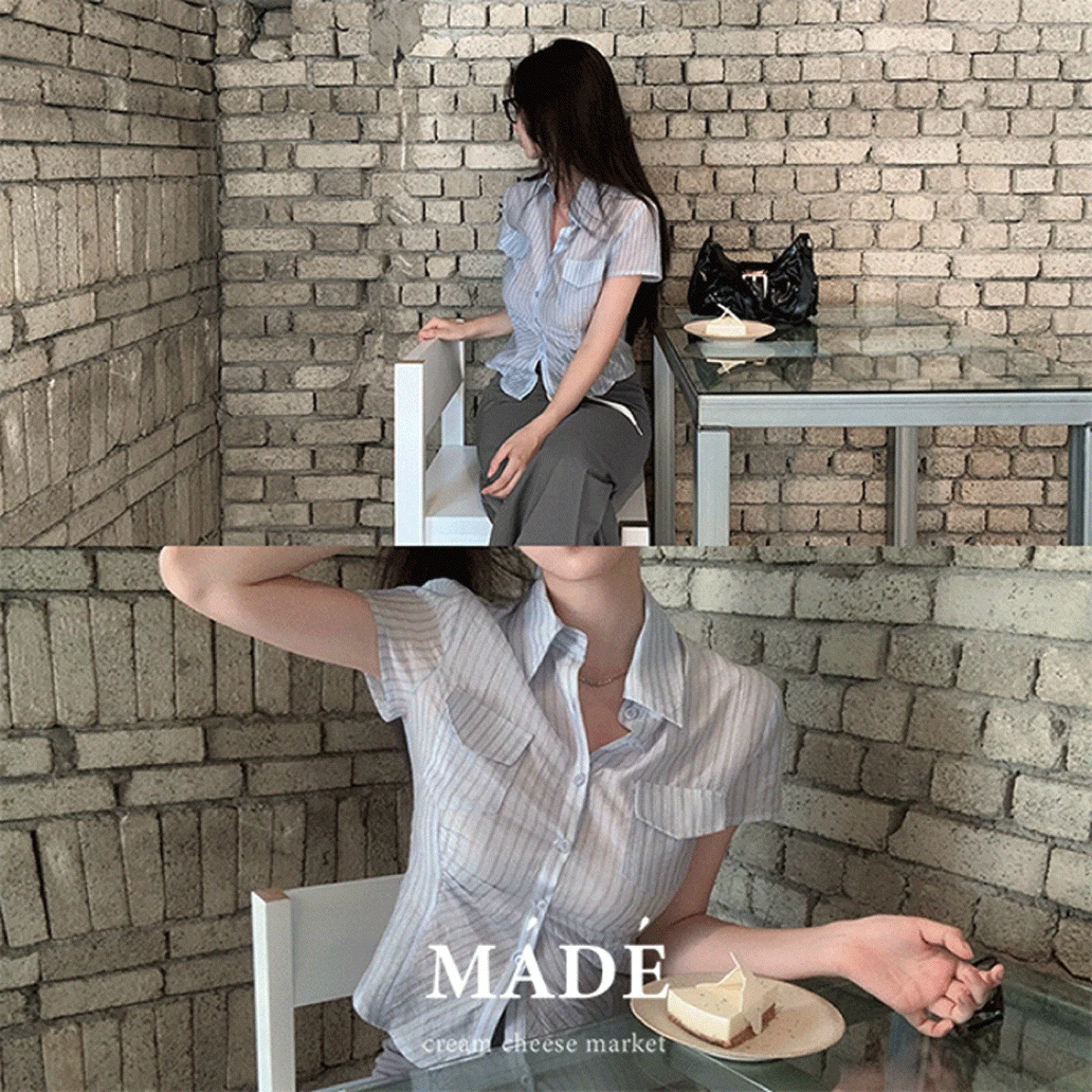 [리오셀85%] 자체제작 #크치Made 라인 오브 커렌드 캡소매 셔츠 블라우스 - bl