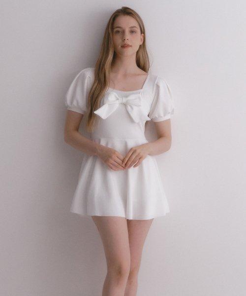 유니온 리본 벌룬 원피스 화이트
