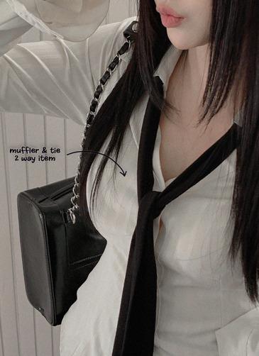 [ M A D E / 자체제작 / 코디필수템🖤 ]에이바 베이직 레이어드 블랙스카프 블랙목도리 리본타이 긱시크 봄신상(블랙)