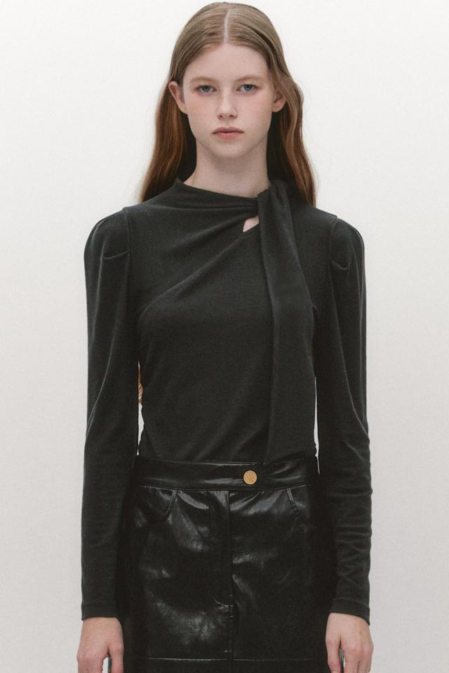 Twisted Scarf Tie T-blouse DARK GREY [GBW7TS54DG]