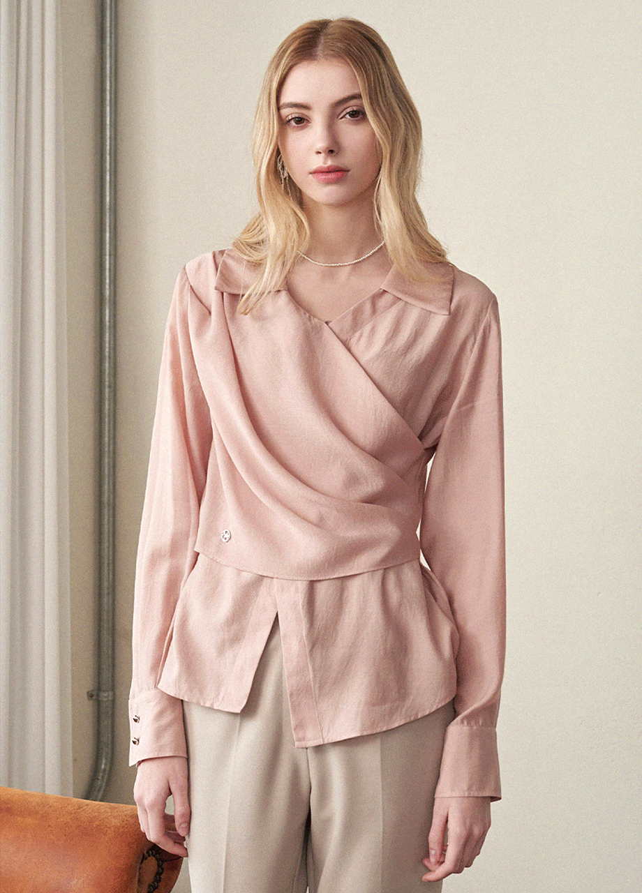 [44-120] Billowy Flat-Collar Wrap Blouse 