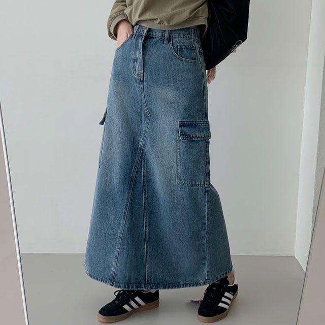 [하이웨스트] Y2K 아메카지 카고 데님 슬릿 블록코어 롱스커트 _321g