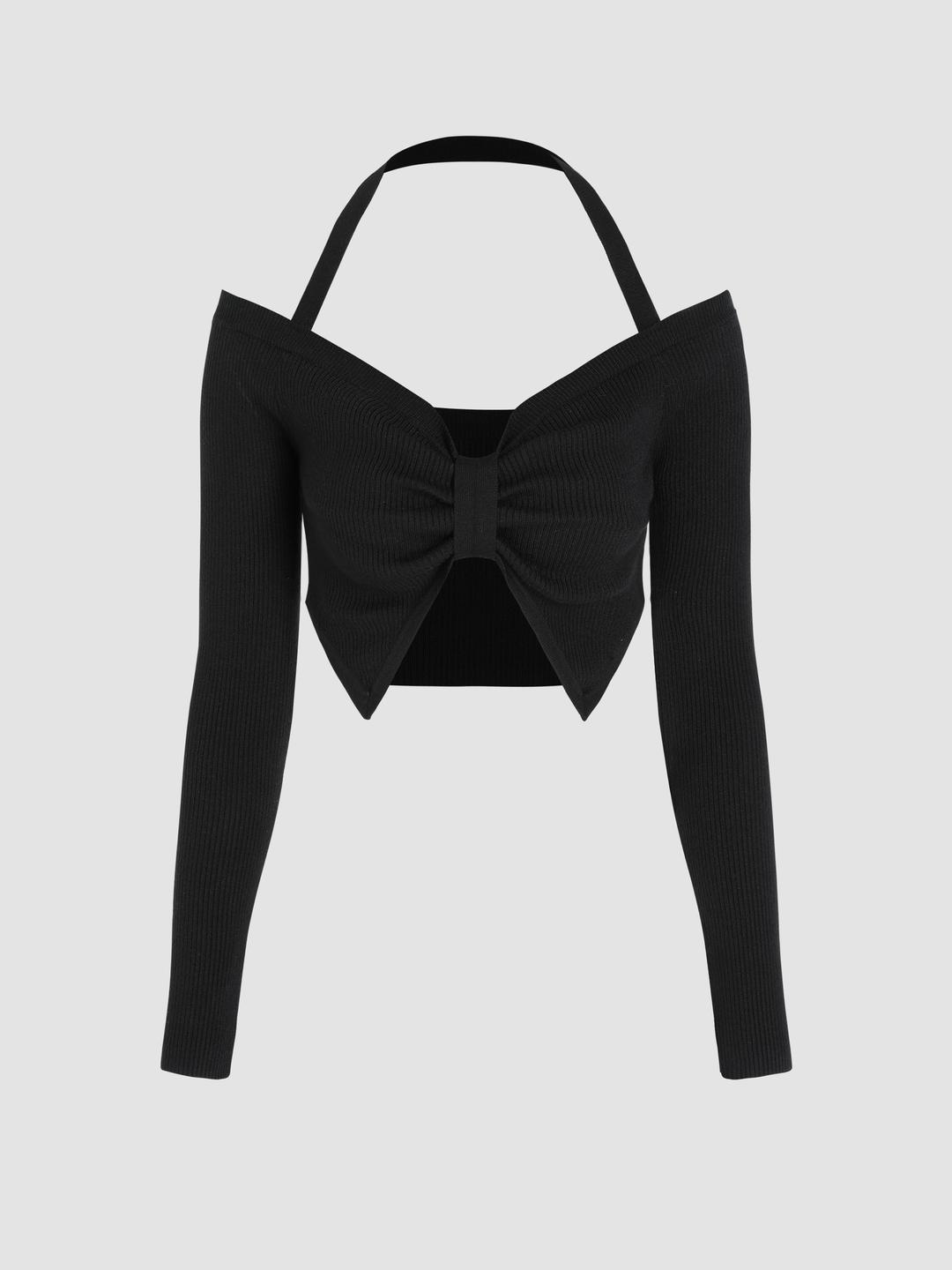 Solid Bowknot Knitted Halter Top