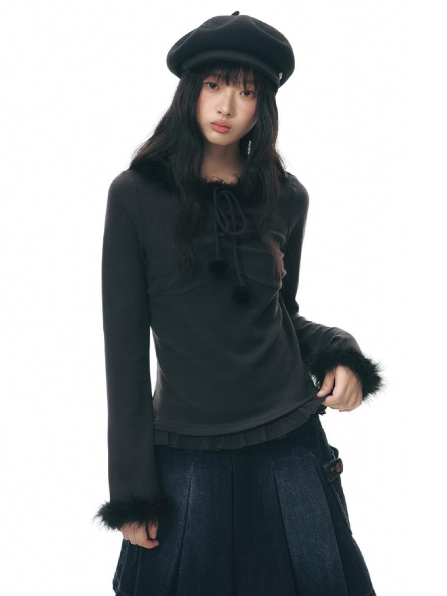 TAKEANAP Fuzzy Ribbon Knit Top (2color)
