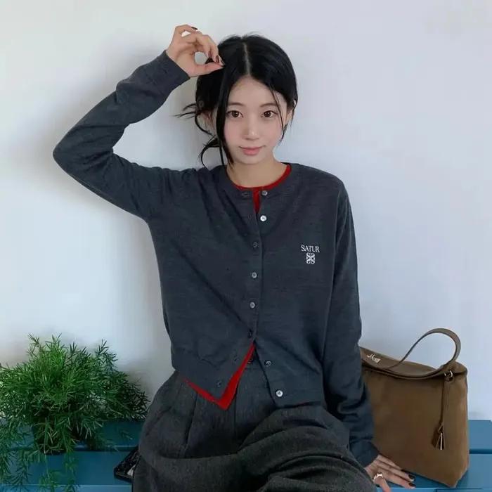 (W) 로렌 베이직 크루 넥 파인 가디건 차콜