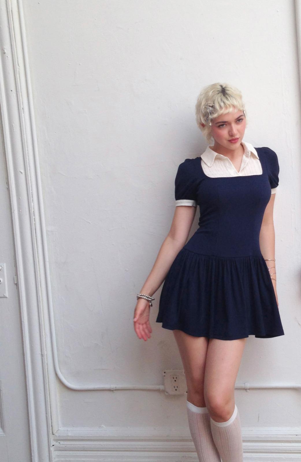 코튼.모달.스판) plaid puff-sleeve button-up dress-navy/ivory