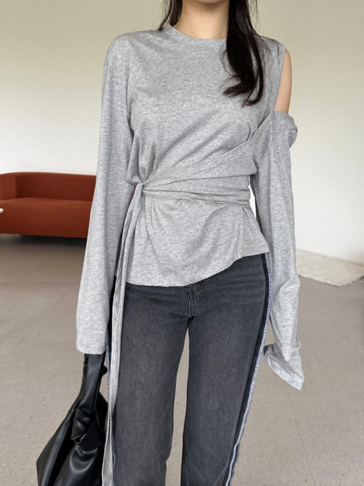 루시 라운드넥 언발 어깨트임 허리 매듭 랩 루즈핏 티셔츠