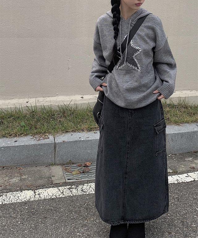 퓨리 흑청 카고 롱 스커트