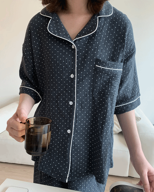 [unisex] 네이비 도트 요루면 오버핏 반팔 파자마 set