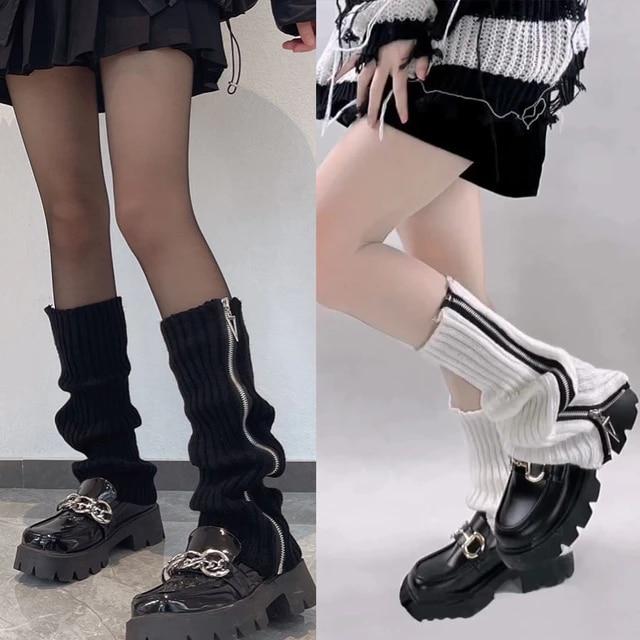 일본 Jk 레그 워머 지퍼 부츠 양말 허벅지 펑크 Y2K 레그 워머 Sring 부츠 커프스 워머 로리타 니트 양말 튜브 니트 양말
