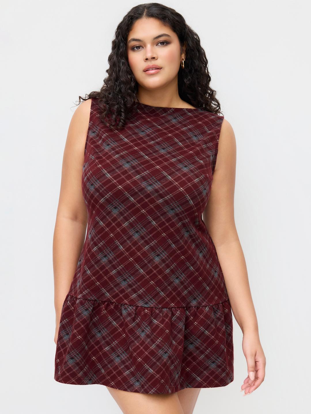 Wool-look Boat Neck Plaid Ruffle Hem Mini Dress Curve & Plus