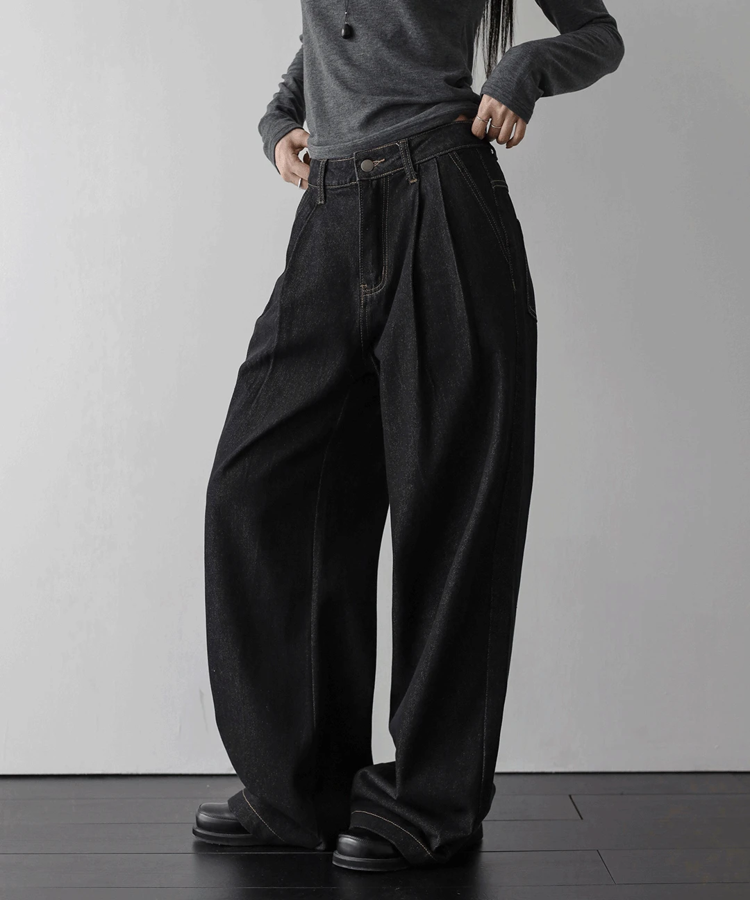 투 핀턱 생지 데님 팬츠