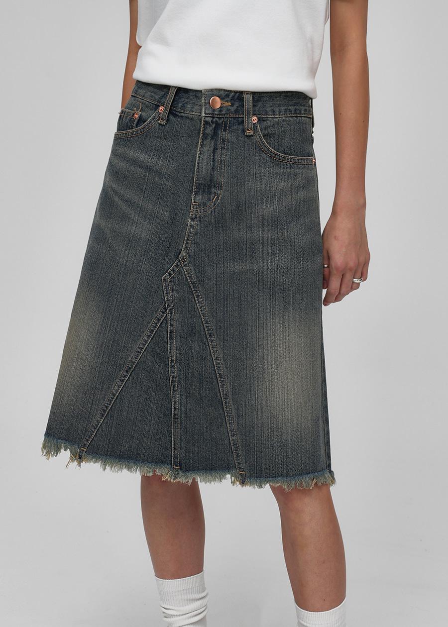 블랙업 [2천장판매] 크린 빈티지 미디 데님스커트