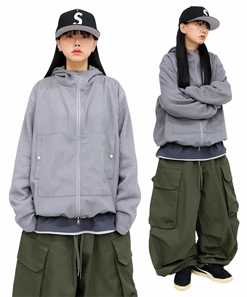 소프트 배색 믹스 후드집업