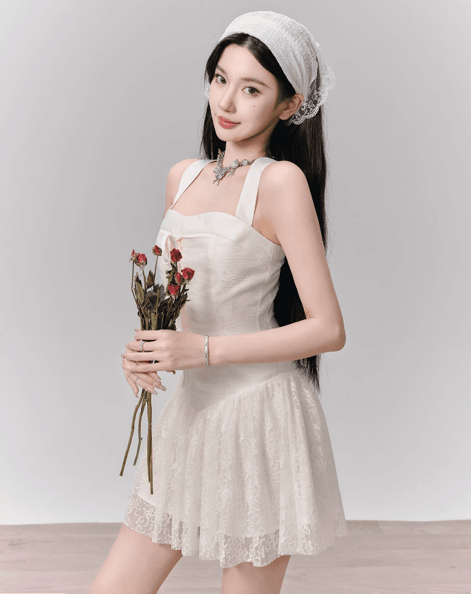 Flowers Lace Splicing Wide Shoulder Suspender Dress FRA0150