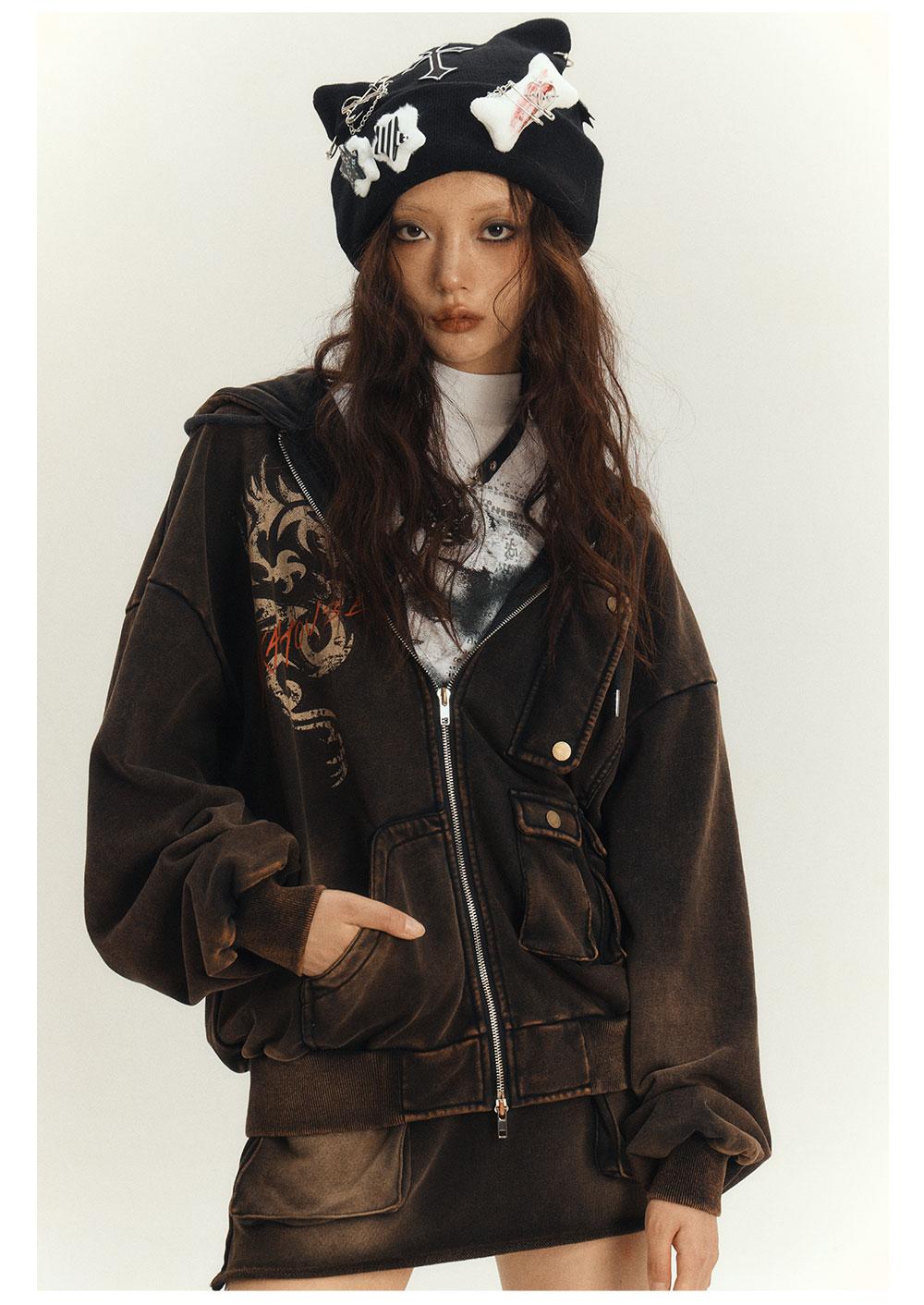 YUKAHOUSE Vintage Washed Harajuku Denim Jacket & Skirt Setup