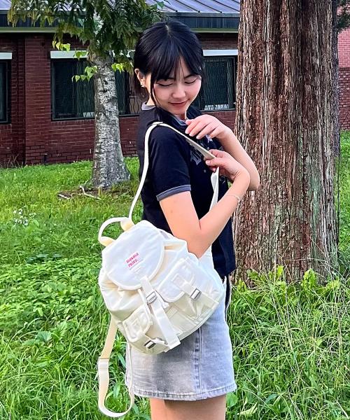 mini ver. Glossy belted flap backpack_Pale Lemon