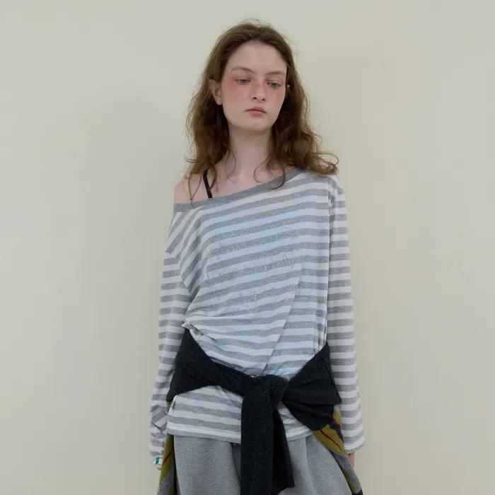 [09월 23일 예약발송]230. Off Shoulder Stripe T _ Melange Grey