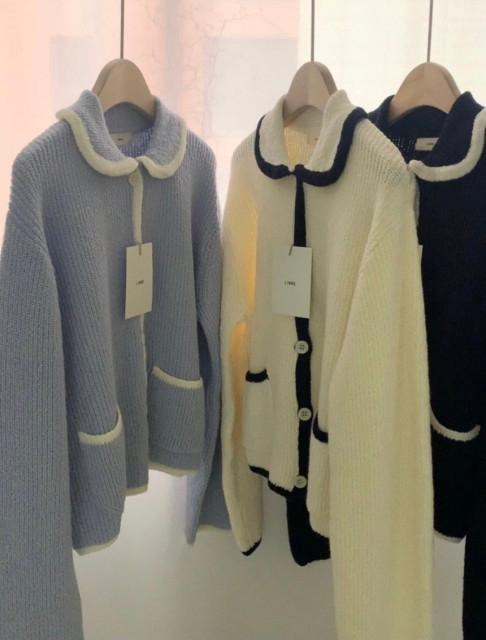 리브레 둥근 카라 배색  봄 니트 가디건 소라 네이비 아이보리 클라우드 니쥬 가디건