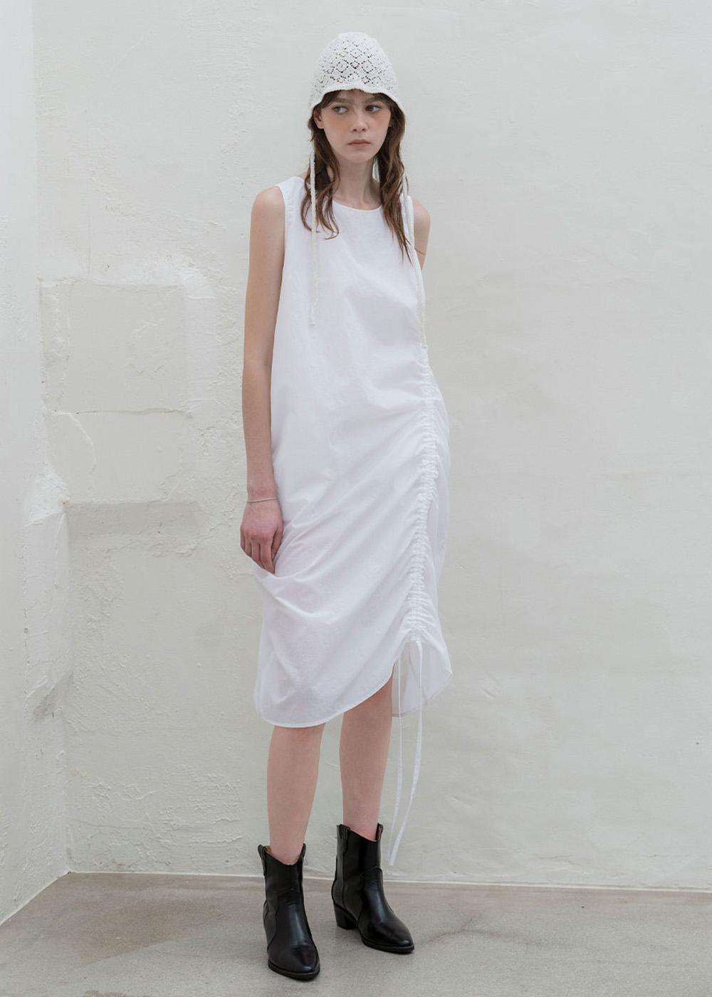 Unbalance Shirring Dress (White)