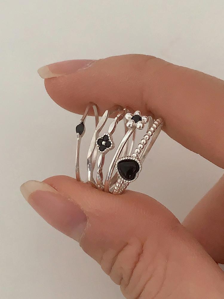 925실버 블랙 하트 꽃 컷팅 레이어드 반지