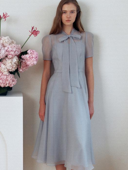 LILLE See-through puff shoulder ribbon tie dress (Soft blue/Lavender/Oatmeal/Black)