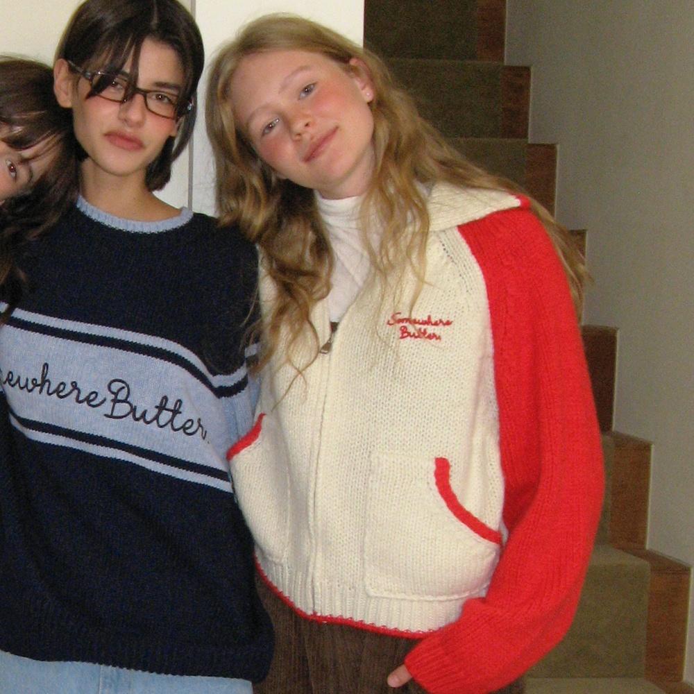 letter alpaca knit zip up - red