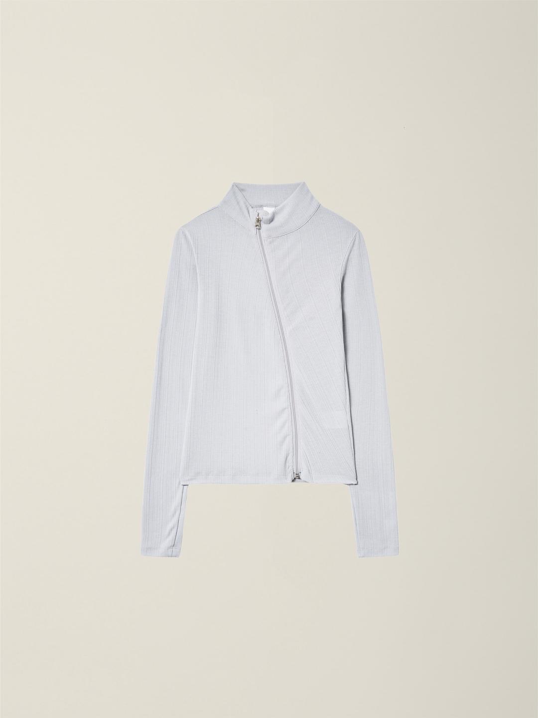 WOMENS CURVED RIBBED ZIP-UP   LIGHT GREY