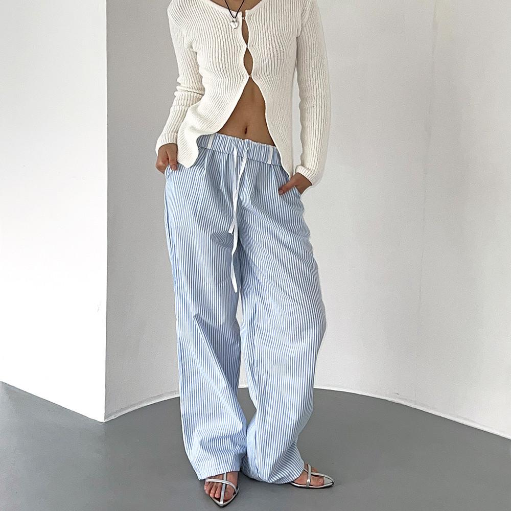스트라이프 루즈 밴딩 팬츠 여성 와이드핏 여름 긴바지 비치웨어 홈웨어 캐주얼룩
