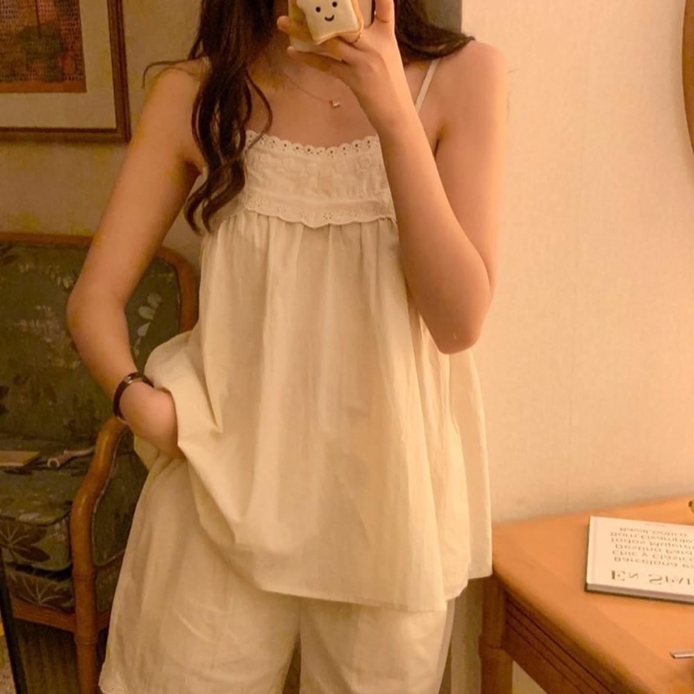 (심플레이스나시잠옷세트) 끈나시 잠옷 면 홈웨어 민소매 여름 집에서입는옷 여자 파자마