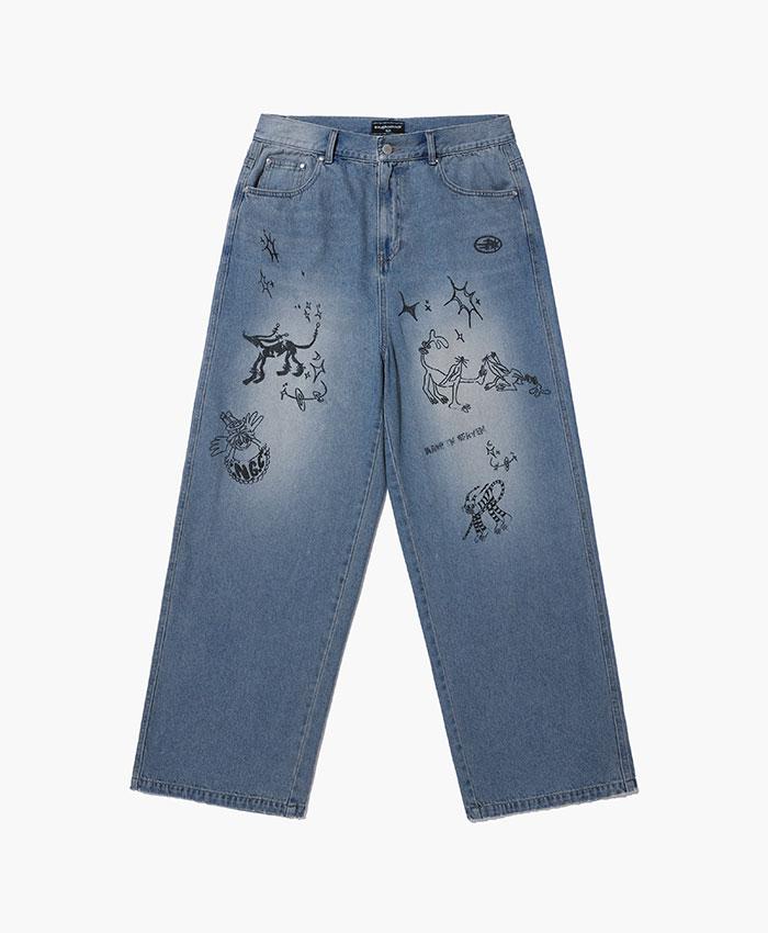BIG WIDE DOODLE WASHED JEANS[BLUE]