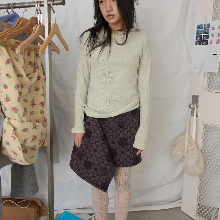 flower knit slim hoodie_ash green