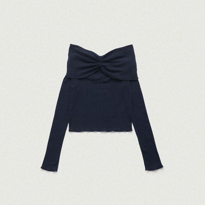 Cotton Eyelet Off-Shoulder Knit Top (Navy)