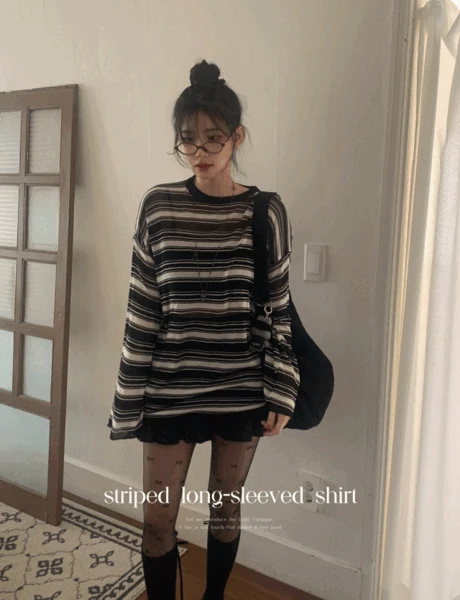 [1+1/시스루 루즈핏] 리밋 스트라이프 긴팔티셔츠