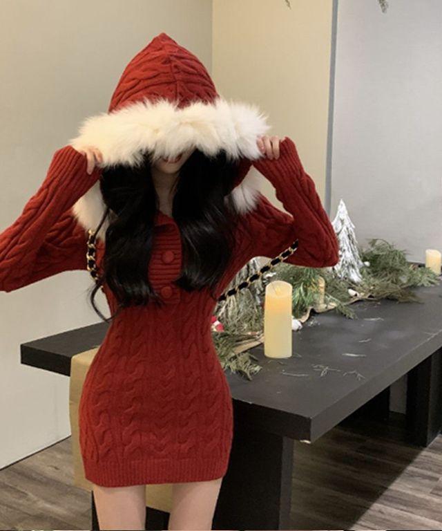 [당일출고/최저]브이넥 꽈배기 후드 니트 골지 원피스 가을겨울치마 롱미니미디 공주 데이트 레드 빨간 번건디 오프숄더 기모 여친룩 옷 크리스마스 연말룩 빅사이즈 파티룩 섹시 슬림