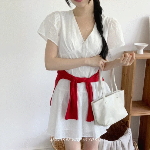 러드 펀칭 브이넥 퍼프 반팔 미니 원피스 ops / 여름 휴양지룩 레이어드원피스 셀프웨딩