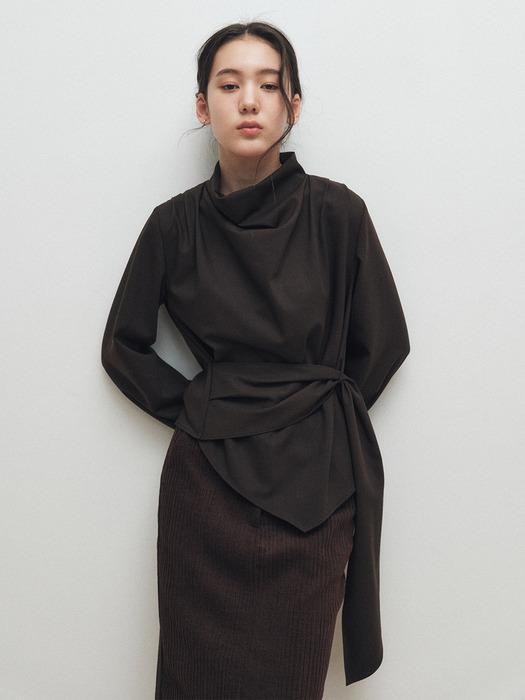 Cowl-neck Wrap Blouse_Brown
