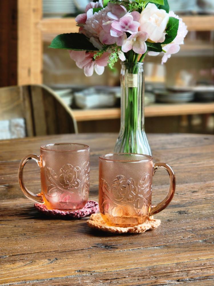 프랑스빈티지 아르코록 Arcoroc Flower Pink Glass 커피 티 머그 컵세트