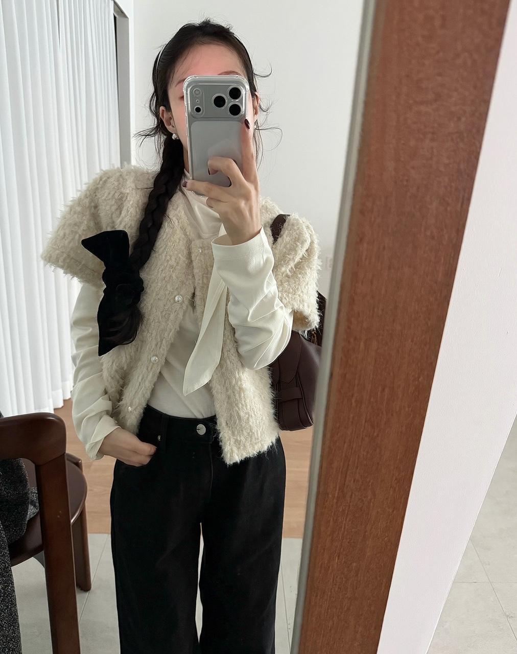 유인어스 프버 여성 겨울 라운드 레이어드 이너 반팔 퍼 가디건