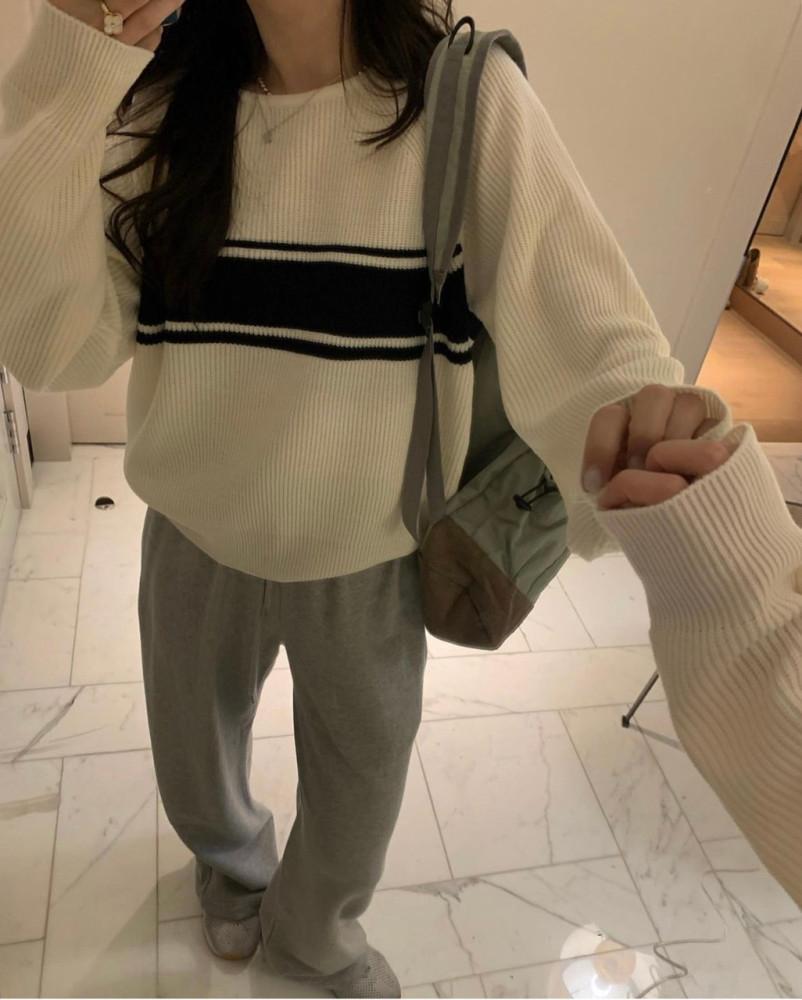 (당일발송/아이보리)나그랑 골지 배색 긴팔 니트(3color)