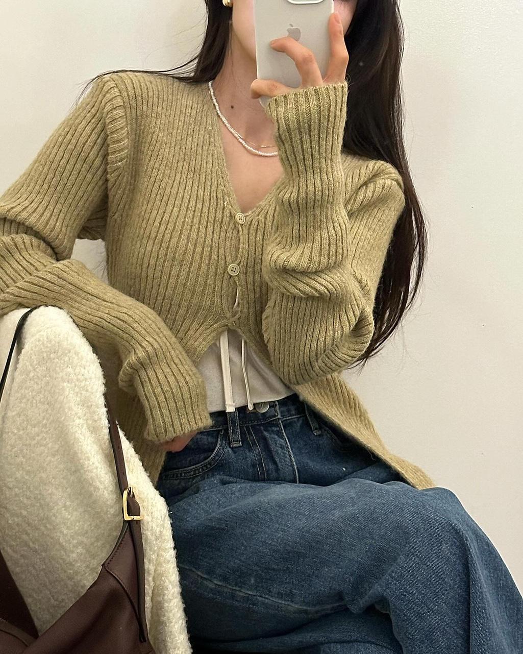 유인어스 케멜 여성 브이넥 울 골지 레이어드 이너 니트가디건