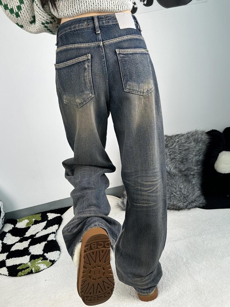 백 캣츠 라인 유니크 엠보 스트레이트 데님 팬츠