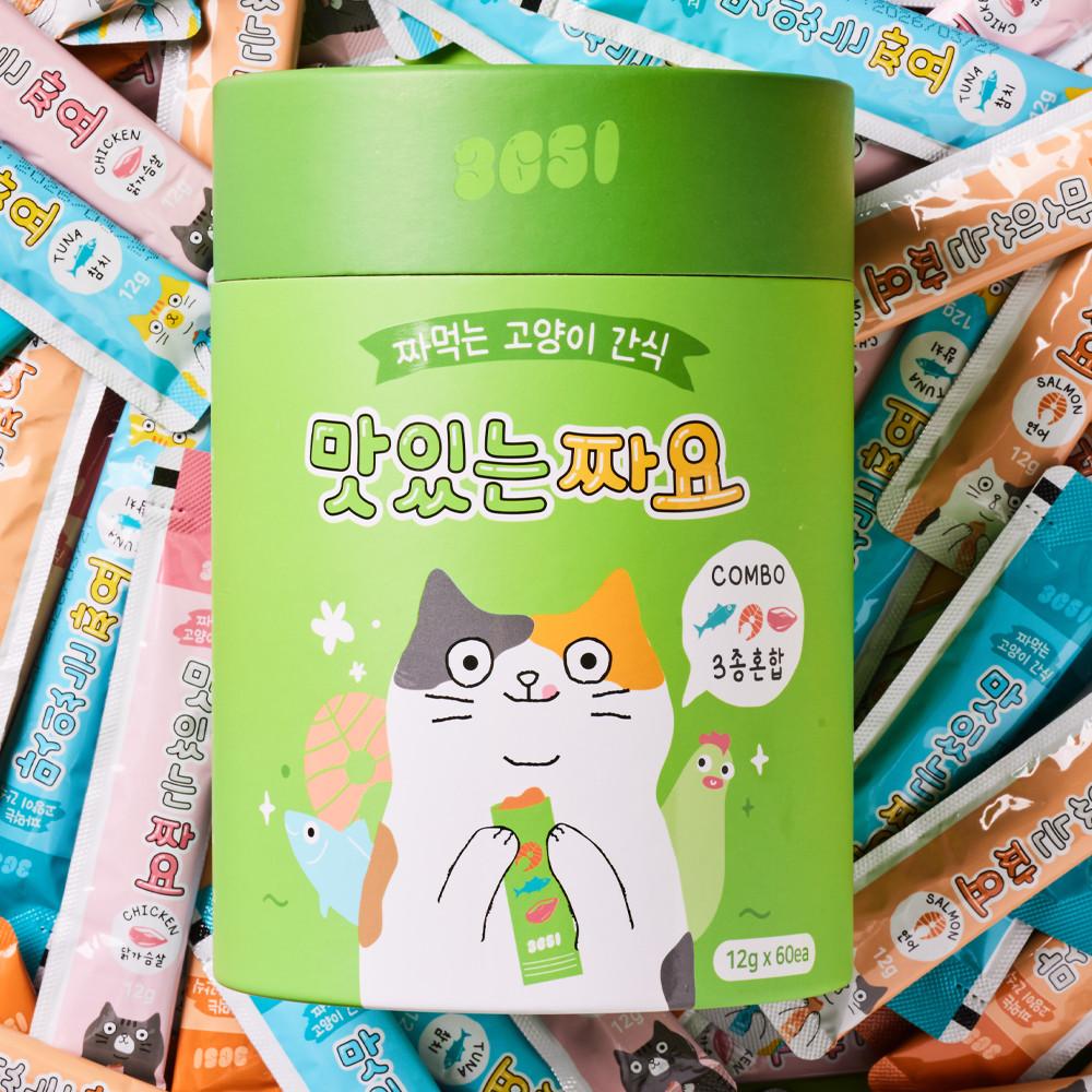 3651 맛있는 짜요 3종혼합 짜먹는 고양이 간식 츄르 대용량 60개입