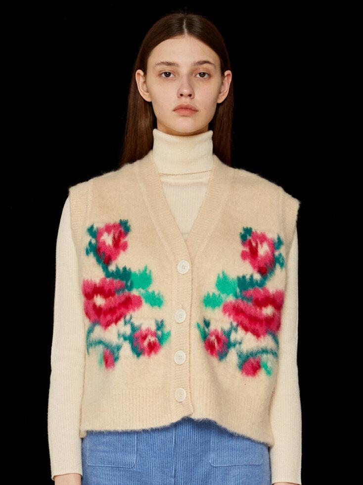 FLORAL JACQUARD KNIT VEST - IVORY