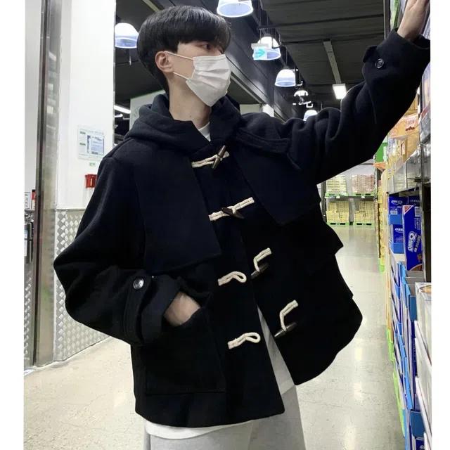 [당일출고] 울 더플 후드 오버핏 숏 크롭 오버핏 떡볶이 이중지 두꺼운 코트 가을 겨울 봄 아우터 루즈핏 블랙 그레이 자켓 패딩 점퍼 (2C)