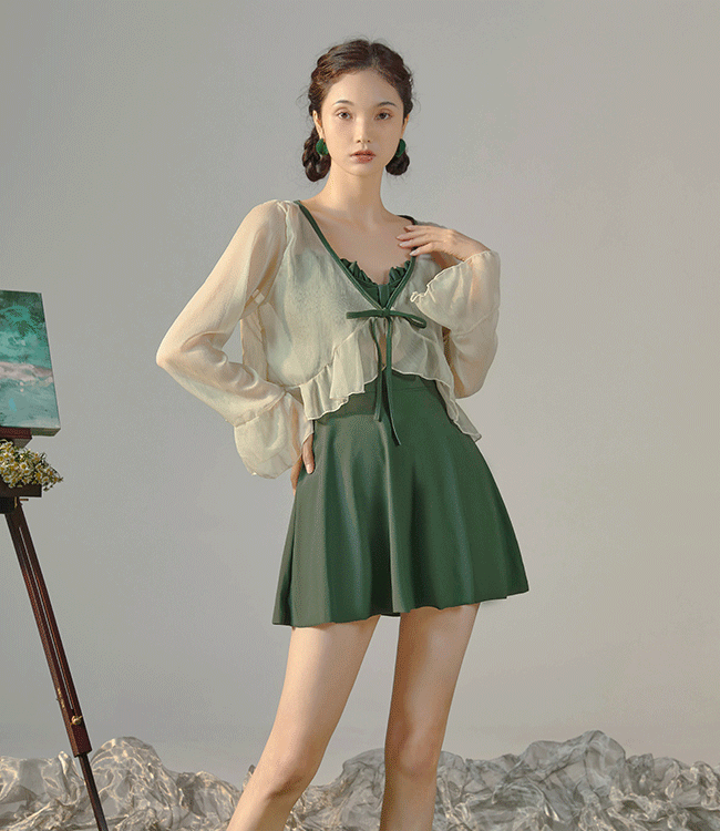 스와니모드 비치 프릴 끈나시 원피스 수영복+쉬폰 가디건